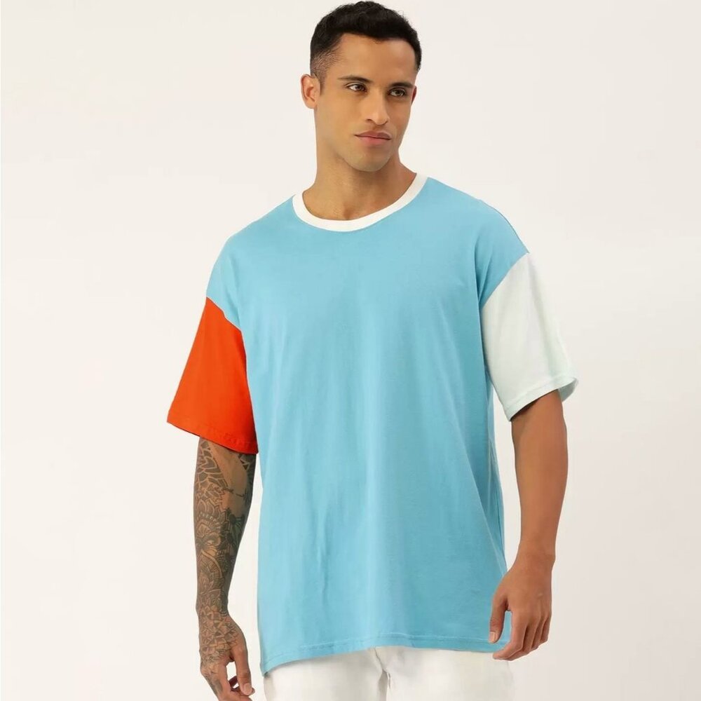 NWT FOREVER 21 Blue Orange Colorblock Cotton Tee M Retro Minimalist Dopamine